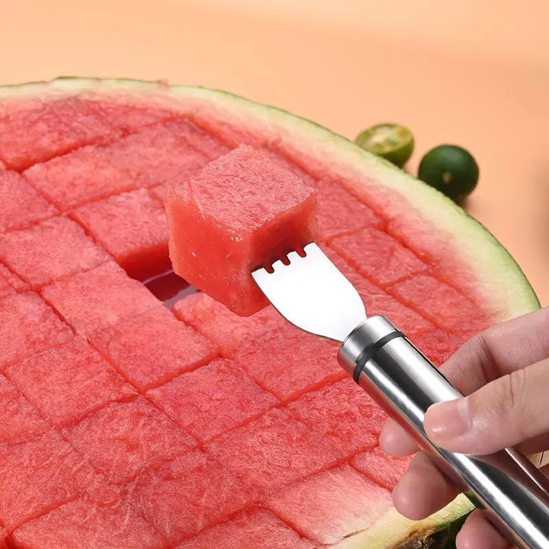 2-in-1 Watermelon Fork Slicer Cutter | 2Pcs Stainless Steel | Cut, Cube & Serve in One Tool | Portable for Camping, Picnics & Home Use