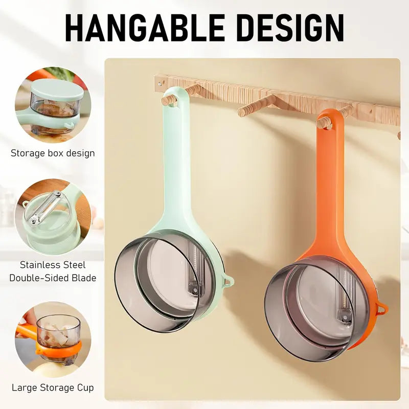 2PCS Fruit & Vegetable Peeler with Storage Container – Double-Sided Stainless Steel Blade | Hangable Multi-Function Kitchen Peeling Knife