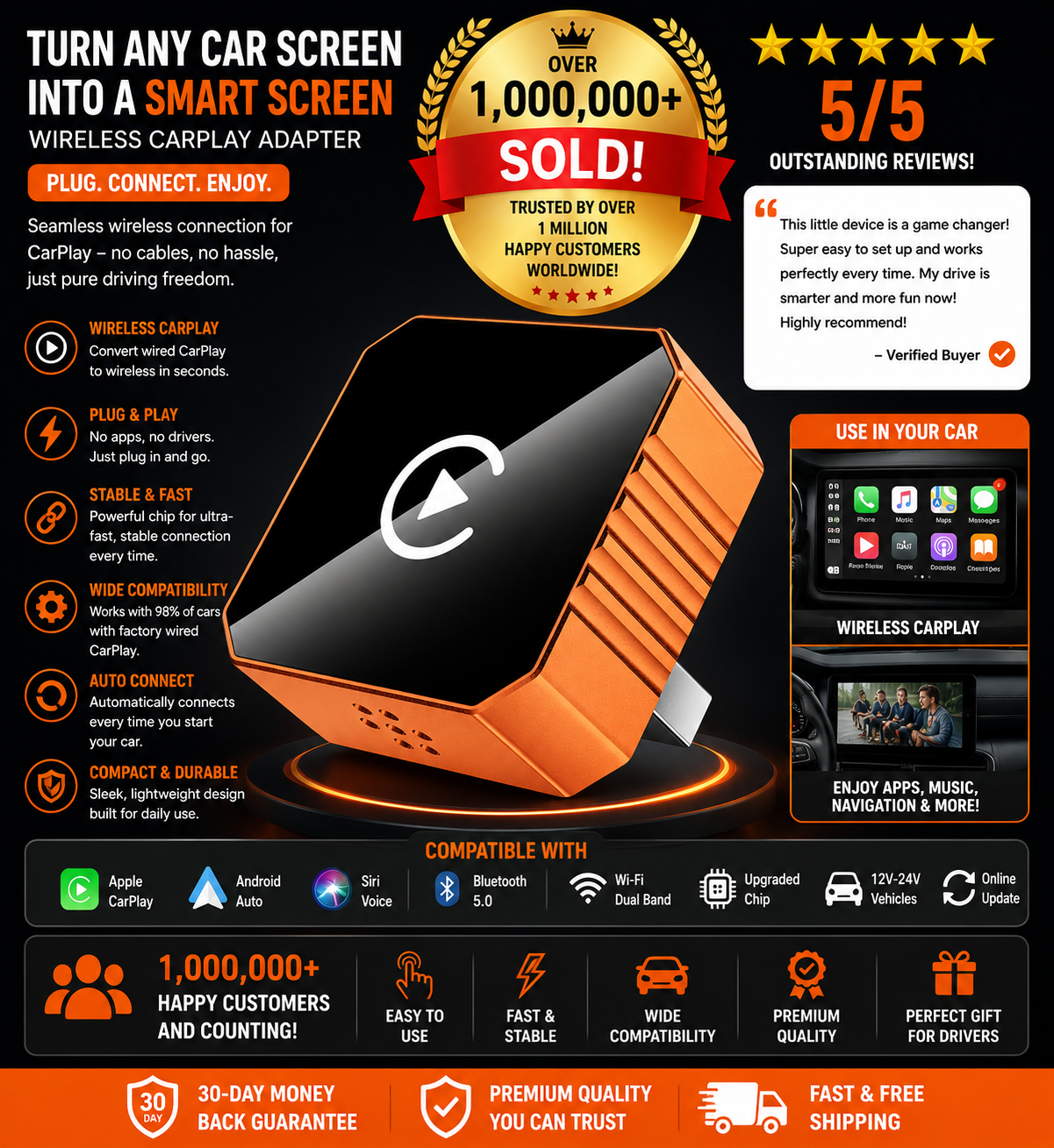 YURNLV Wireless CarPlay Adapter – iPhone & Android Compatible, Plug & Play, Hands-Free Calling