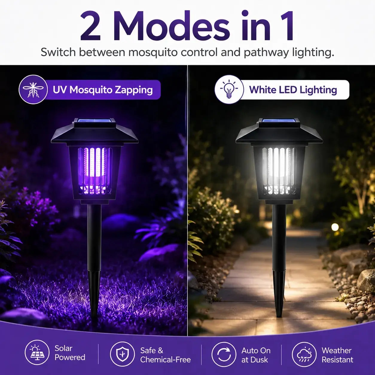 Solar Mosquito Zapper Garden Stake Light – UV Insect Killer + Pathway Lamp, IPX4 Weatherproof