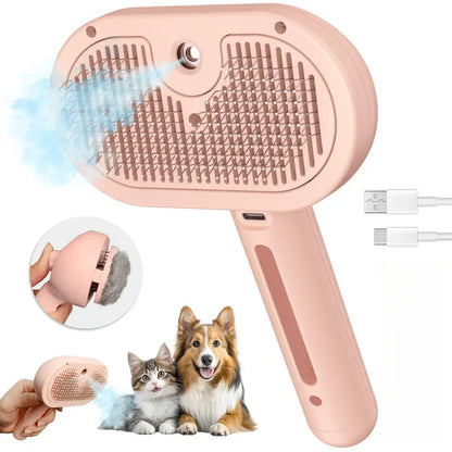 3-in-1 Steam Pet Brush | Self-Cleaning Grooming Comb for Dogs & Cats | Anti-Static Mist Spray | Bionic Anti-Scratch Pins | USB Rechargeable (White)