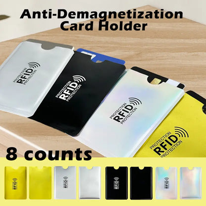 8 Counts RFID Blocking Card Sleeves Set | Anti-Demagnetization & Anti-Skimming | Tinfoil Material | Crescent Notch & Rounded Corner Design | Credit Card & ID Protection