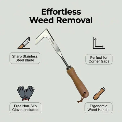 Crevice Weeding Tool - Stainless Steel Manual Weed Puller with Beech Wood Handle