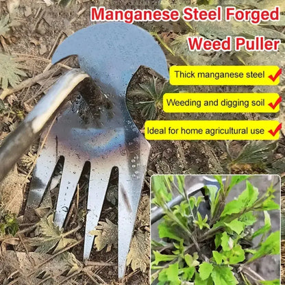 Manganese Steel 3-in-1 Garden Weed Puller Tool | Hook Grass, Loosen Soil & Shovel | Crescent Blade + 4-Tooth Nail Rake | Durable Forged Weeding Artifact