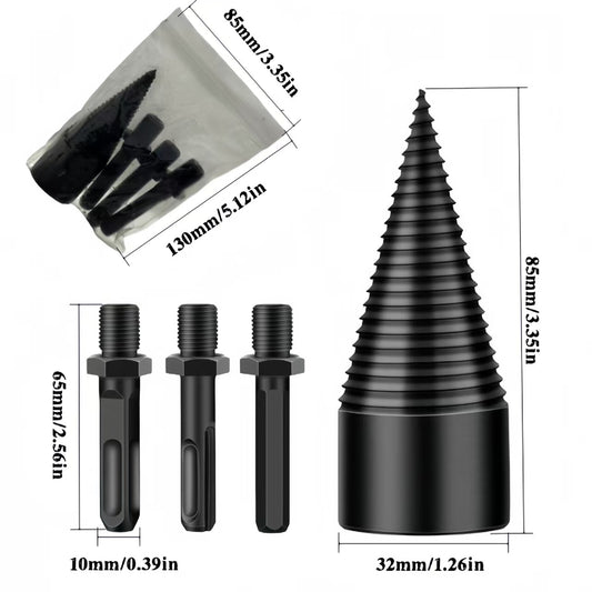 32mm Firewood Splitter Drill Bit Set – Heavy-Duty Wood Splitting Cone for Impact Drill, Electric Hammer & Hand Drill | Round + Square + Hex Shank