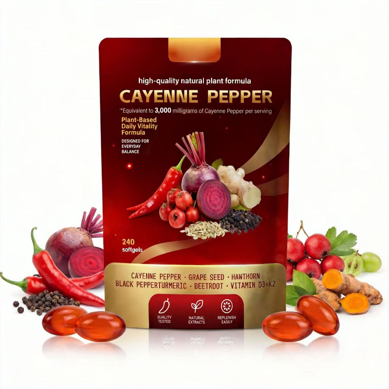 Pepper Softgel Capsules – Herbal Wellness Formula with Vitamins E, D3 & K2, Grape Seed, Hawthorn & Beetroot Extract