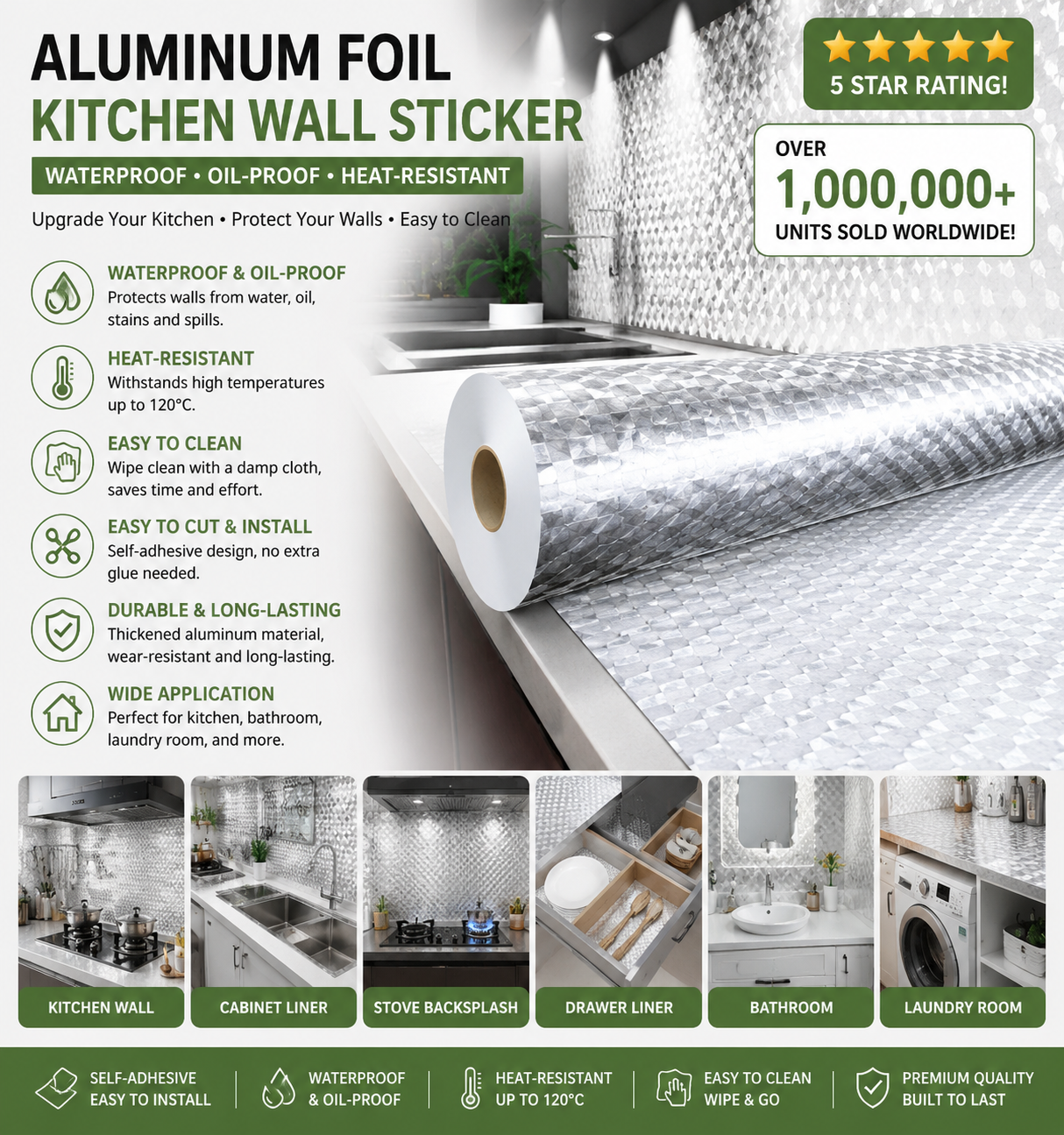 Peel & Stick Aluminum Foil Contact Paper – Waterproof, Oil-Proof, Heat-Resistant Kitchen Wallpaper (40cm × 3m)