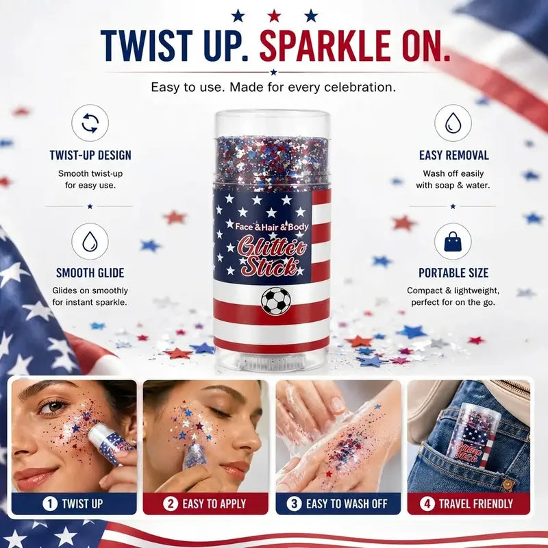 4th of July Glitter Stick | Red, White & Blue Body & Hair Sparkle for Independence Day Party, Festival & Fun Holiday Look