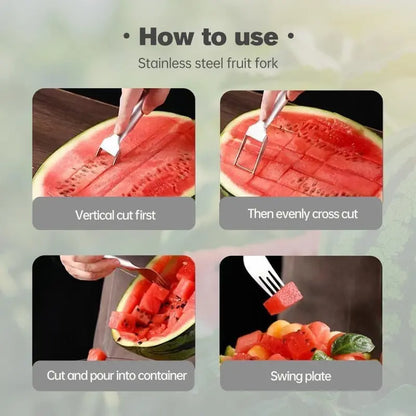 2-in-1 Watermelon Fork Slicer Cutter | 2Pcs Stainless Steel | Cut, Cube & Serve in One Tool | Portable for Camping, Picnics & Home Use