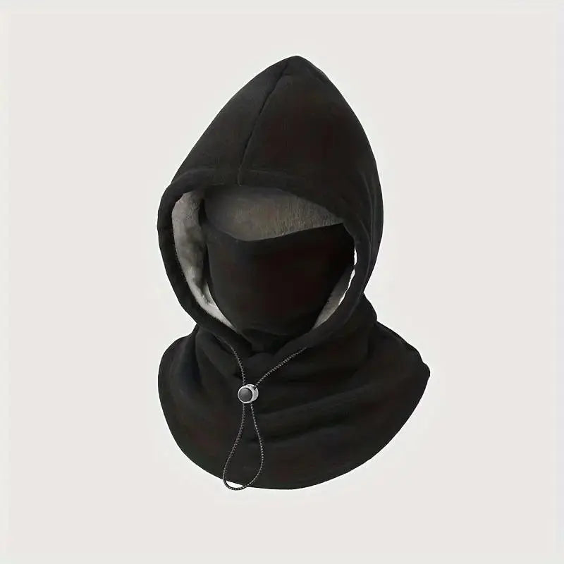 Model wearing a black winter hood with face covering