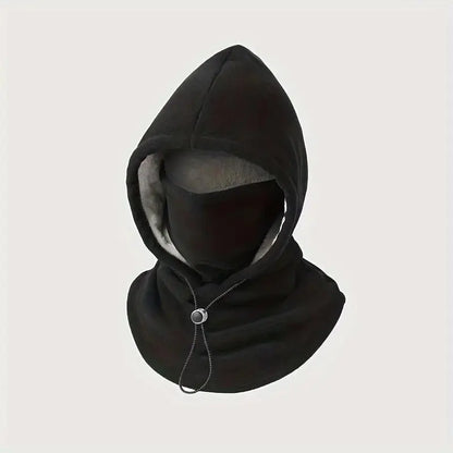 Model wearing a black winter hood with face covering