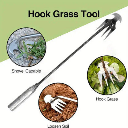 Manganese Steel 3-in-1 Garden Weed Puller Tool | Hook Grass, Loosen Soil & Shovel | Crescent Blade + 4-Tooth Nail Rake | Durable Forged Weeding Artifact