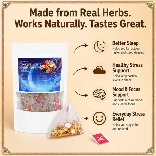 Treecode Zaoren Lianzi Goodnight Tea – Melatonin-Free Deep Sleep Herbal Tea | Cortisol Relief, Stress & Calm | 30/60/120 Bags