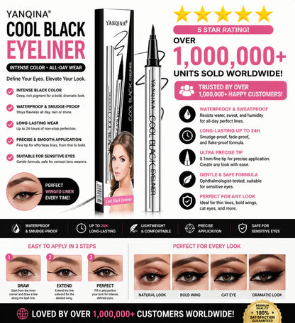 YANQINA Cool Black Eyeliner Pen | Waterproof & Smudge-Proof | 24H Long-Lasting | 0.1mm Ultra Precise Tip | Vegan & Cruelty-Free | Safe for Sensitive Eyes