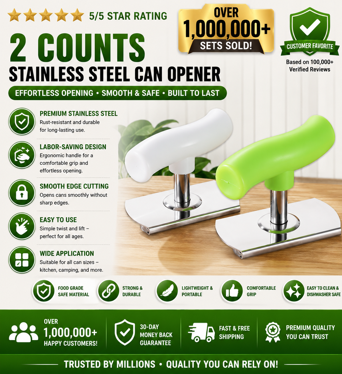 2PCS Stainless Steel Jar Opener for Weak Hands | Effortless Opening for Mason Jars & Cans | Adjustable, Smooth Edge, Dishwasher Safe | White + Green