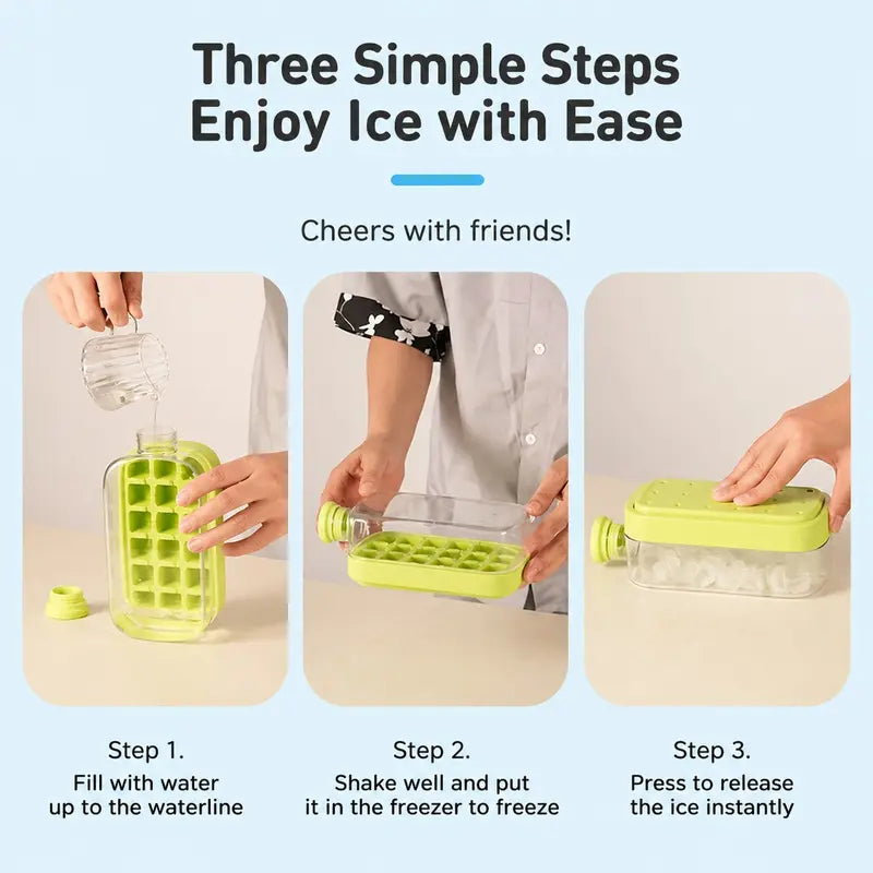 3-in-1 Ice Maker Bottle – Silicone Ice Cube Mold with Storage Container & Leak-Proof Drink Cup | Easy One-Press Release | 500ml