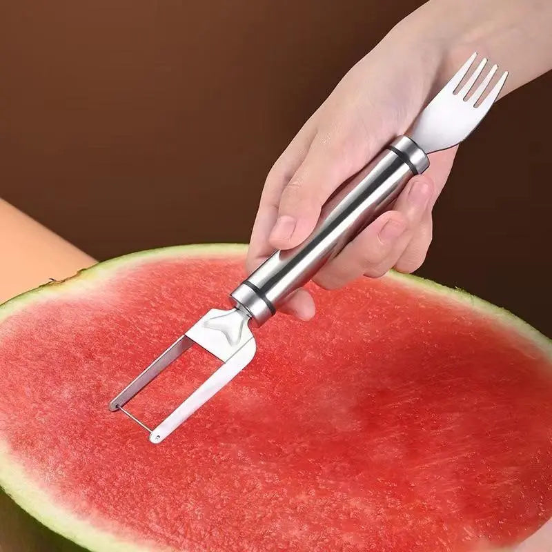 2-in-1 Watermelon Fork Slicer Cutter | 2Pcs Stainless Steel | Cut, Cube & Serve in One Tool | Portable for Camping, Picnics & Home Use