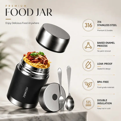 ZUWOZU Vacuum Insulated Food Jar — Wide Mouth Leak-Proof Soup Container with Spoon & Fork, 316 Stainless Steel Thermal Lunch Box for Hot & Cold Food
