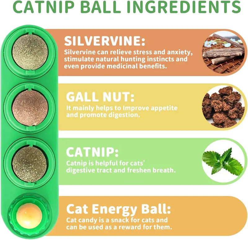 Catnip Toys Balls 4 Pcs, Extra Cat Energy Ball, Edible Kitten Silvervine Toys, Healthy Kitty Teeth Cleaning Dental Chew Toys, Cat Wall Treats