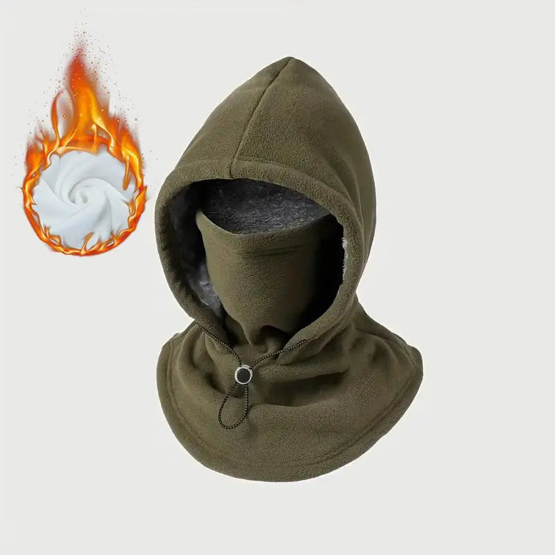 Olive green face covering and neck warmer with hood lowered