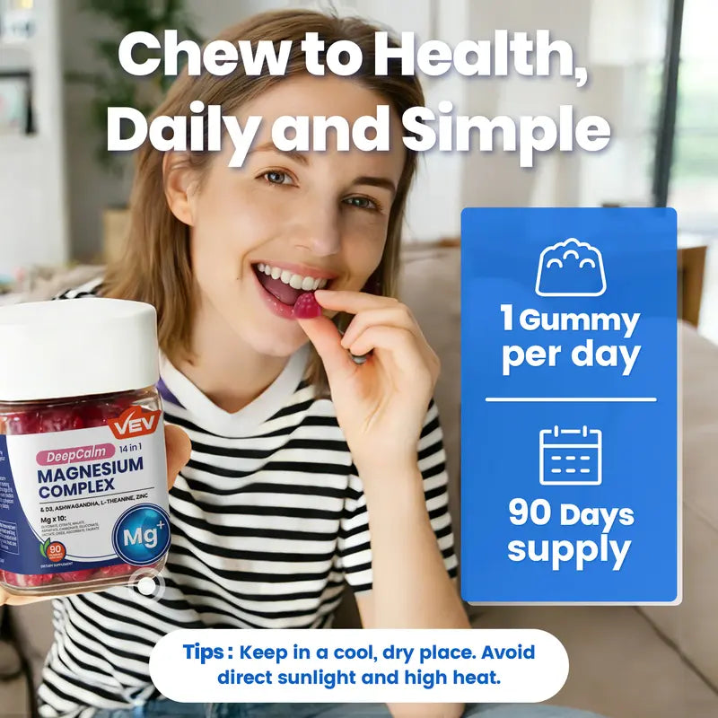 VEV DeepCalm 14-in-1 Magnesium Complex Gummies | Glycinate, D3, Ashwagandha, L-Theanine, Zinc | 90 Count | Vegan | No Added Sugar
