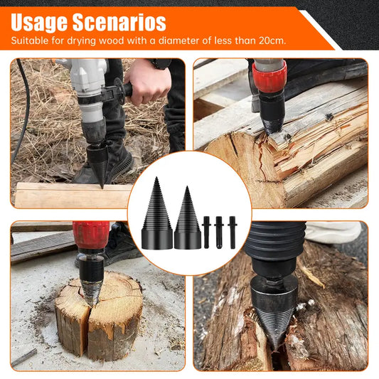 32mm Firewood Splitter Drill Bit Set – Heavy-Duty Wood Splitting Cone for Impact Drill, Electric Hammer & Hand Drill | Round + Square + Hex Shank