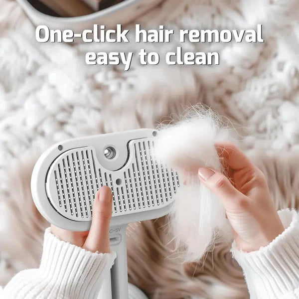 3-in-1 Steam Pet Brush | Self-Cleaning Grooming Comb for Dogs & Cats | Anti-Static Mist Spray | Bionic Anti-Scratch Pins | USB Rechargeable (White)