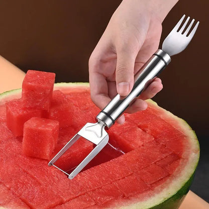 2-in-1 Watermelon Fork Slicer Cutter | 2Pcs Stainless Steel | Cut, Cube & Serve in One Tool | Portable for Camping, Picnics & Home Use