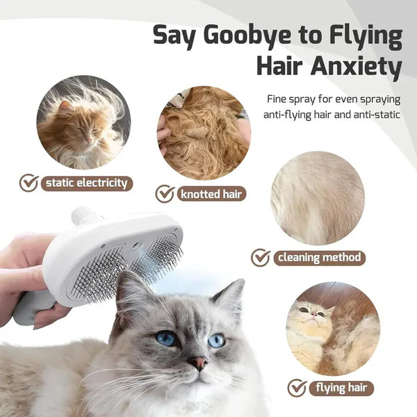 3-in-1 Steam Pet Brush | Self-Cleaning Grooming Comb for Dogs & Cats | Anti-Static Mist Spray | Bionic Anti-Scratch Pins | USB Rechargeable (White)