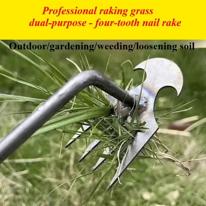 Manganese Steel 3-in-1 Garden Weed Puller Tool | Hook Grass, Loosen Soil & Shovel | Crescent Blade + 4-Tooth Nail Rake | Durable Forged Weeding Artifact