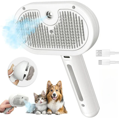 3-in-1 Steam Pet Brush | Self-Cleaning Grooming Comb for Dogs & Cats | Anti-Static Mist Spray | Bionic Anti-Scratch Pins | USB Rechargeable (White)