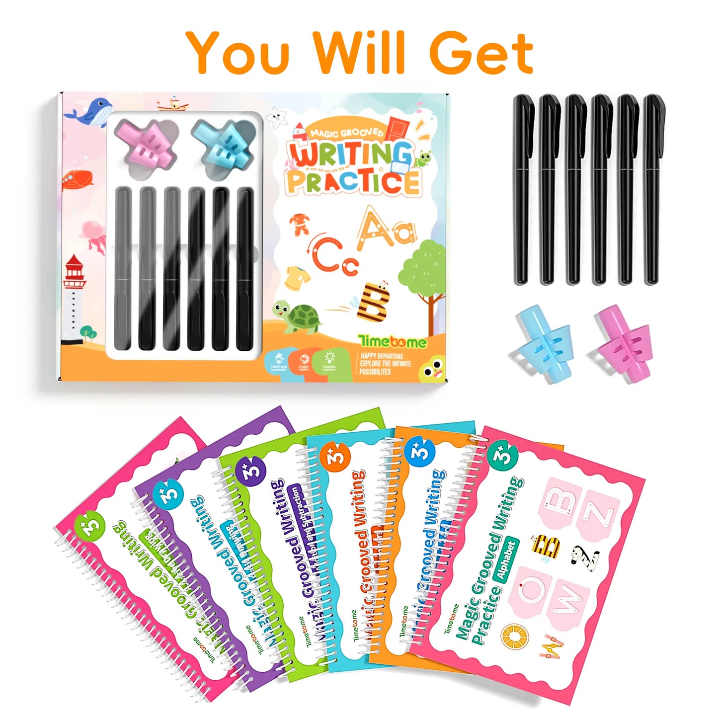 TIMETOME Reusable Grooved Handwriting Workbook for Kids – 6 Books Set, Math, Words & Drawing | Magic Disappearing Ink Practice Notebook, School Supplies Gift