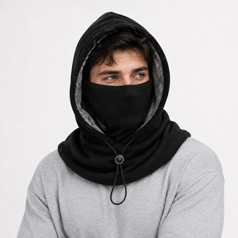 Gray winter hood with integrated face covering and adjustable drawcord