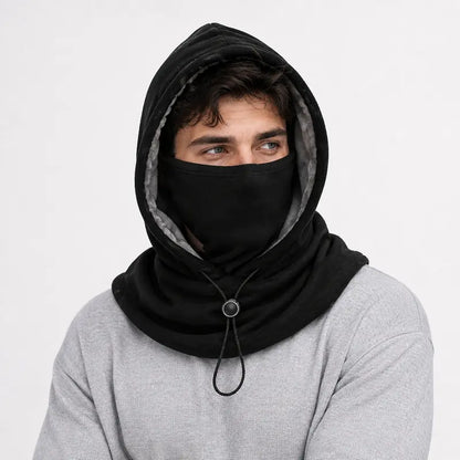 Gray winter hood with integrated face covering and adjustable drawcord