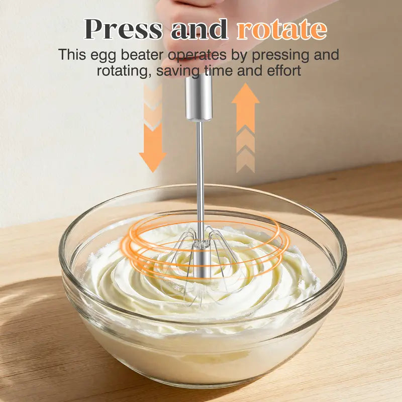 TOCOLES Semi-Automatic Stainless Steel Hand-Push Rotary Whisk | Food-Grade Rust-Resistant | Riveted Construction | Easy to Clean | For Eggs, Coffee & Cooking