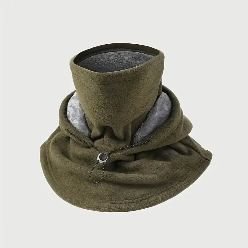 Black winter hood with integrated face covering and neck warmer