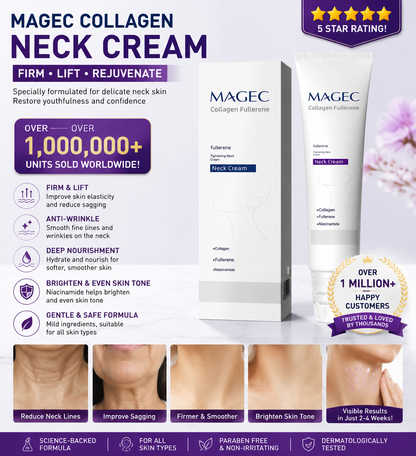 MAGEC Collagen Fullerene Tightening Neck Cream – 5-Roller Applicator, Hyaluronic Acid, Retinol & Niacinamide | Firms, Brightens & Reduces Wrinkles