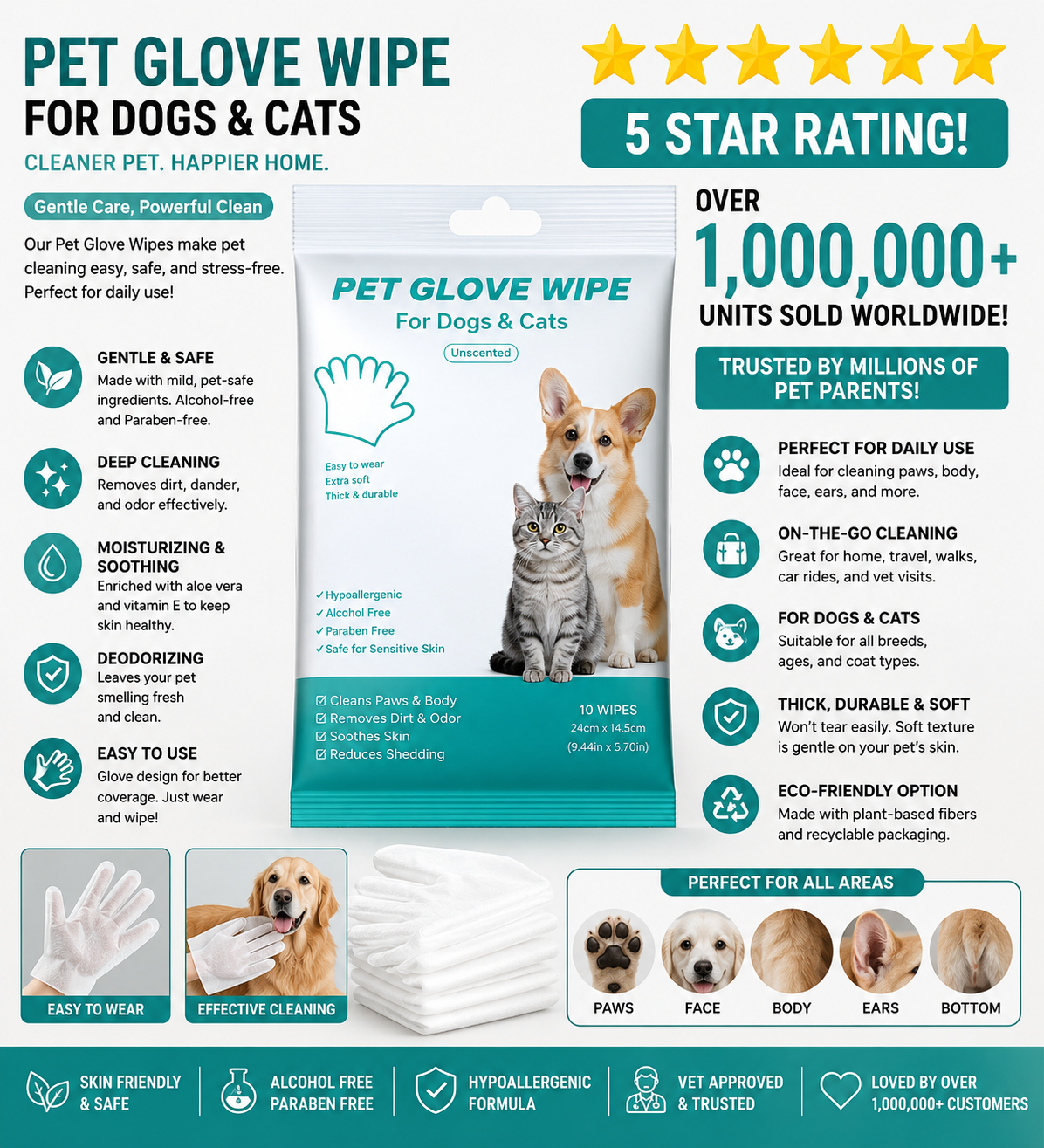 Pet Grooming Glove Wipes for Dogs & Cats – 6 Sheets, Rinse-Free Daily Care