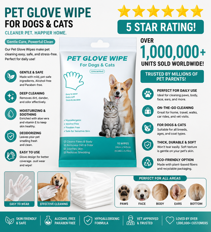 Pet Grooming Glove Wipes for Dogs & Cats – 6 Sheets, Rinse-Free Daily Care