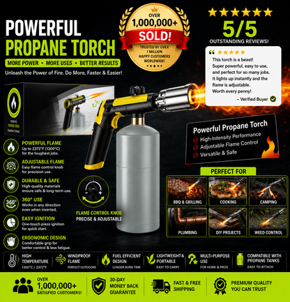 Propane Torch — One-Touch Max Fire, Safety Lock, Adjustable Flame | BBQ, Searing, Fireplace