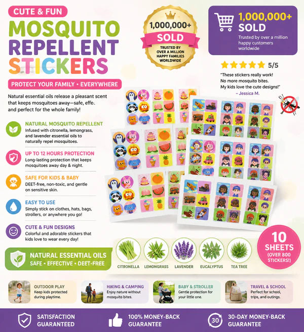 180-Count Mosquito Repellent Stickers for Kids | Plant-Based DEET-Free Formula | Up to 12 Hours Protection | Cute Animal & Character Designs | Safe for Baby