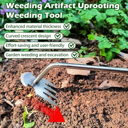 Manganese Steel 3-in-1 Garden Weed Puller Tool | Hook Grass, Loosen Soil & Shovel | Crescent Blade + 4-Tooth Nail Rake | Durable Forged Weeding Artifact