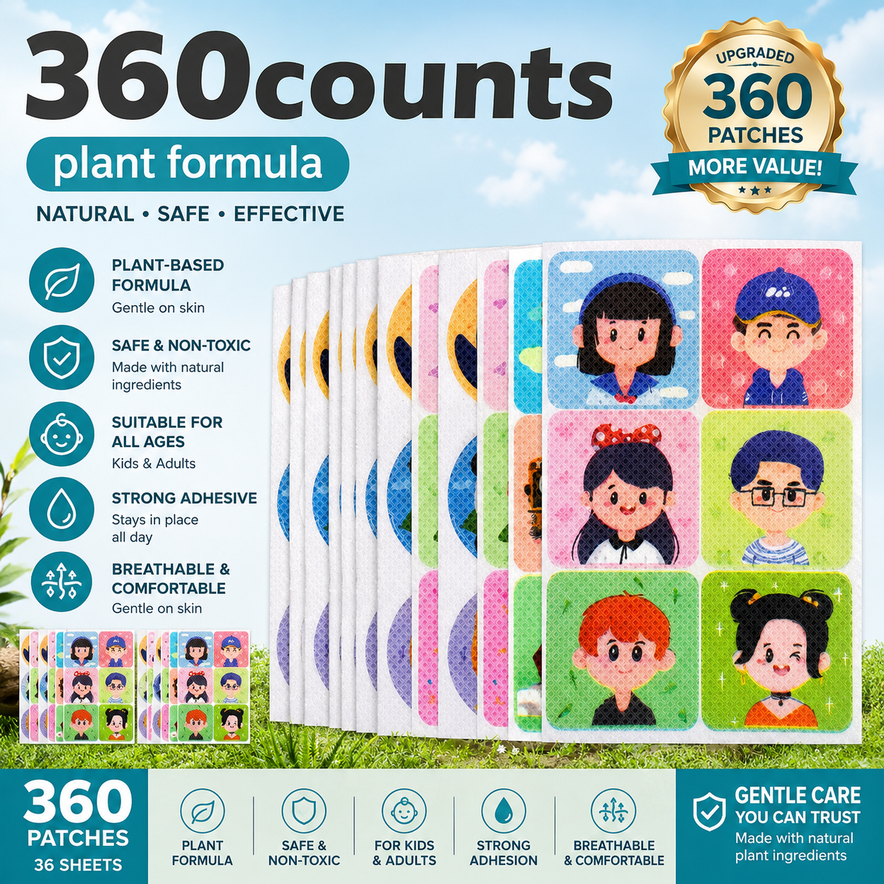 180-Count Mosquito Repellent Stickers for Kids | Plant-Based DEET-Free Formula | Up to 12 Hours Protection | Cute Animal & Character Designs | Safe for Baby